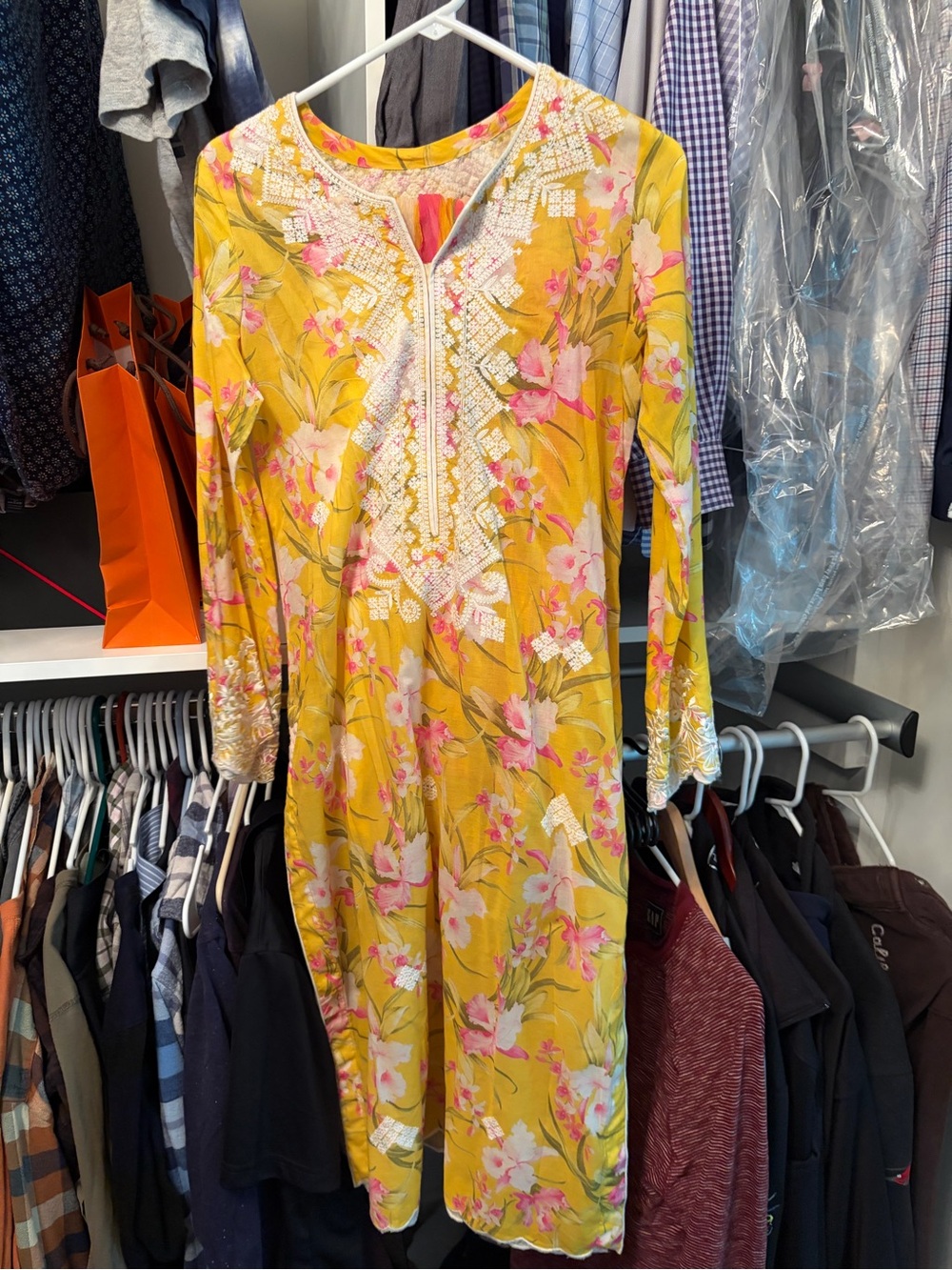 Women's Floral Embroidered Kurta Dress - Yellow